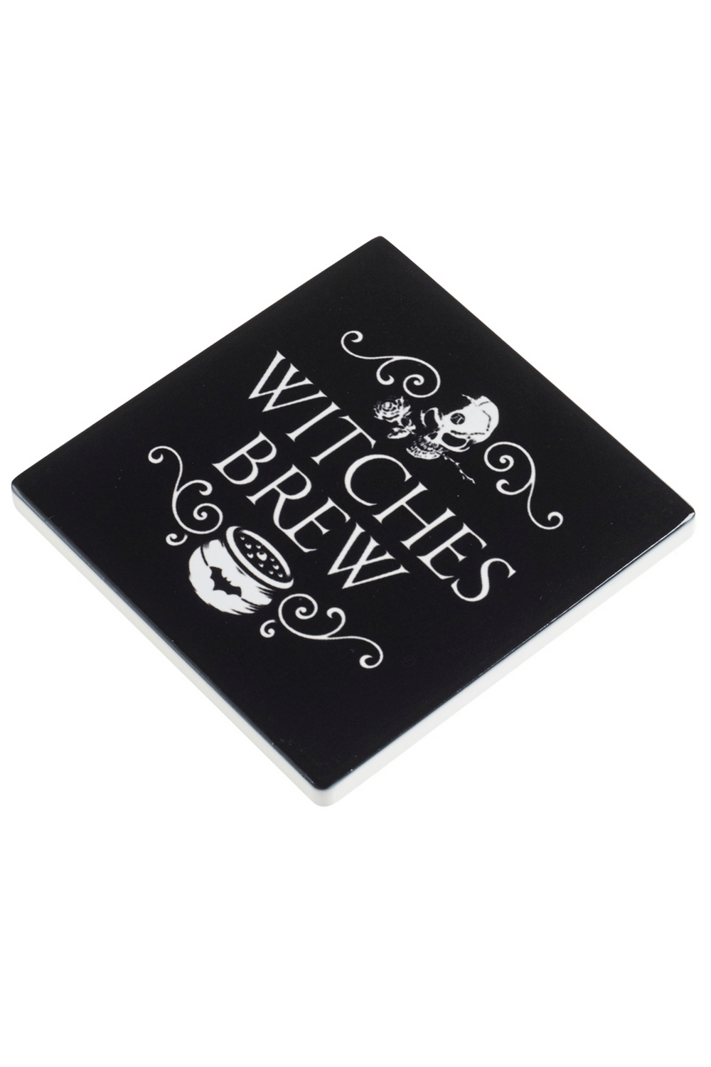 Witches Brew Skull Coaster with Rose and Bat Design