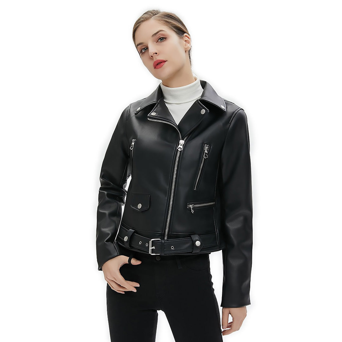 US SALE of Women Faux Leather Jacket With Belt / Biker Jackets in Classic Rock Style