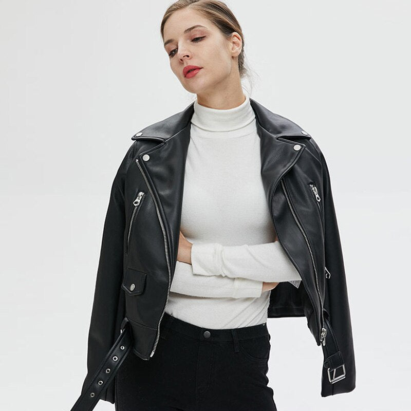 US SALE of Women Faux Leather Jacket With Belt / Biker Jackets in Classic Rock Style