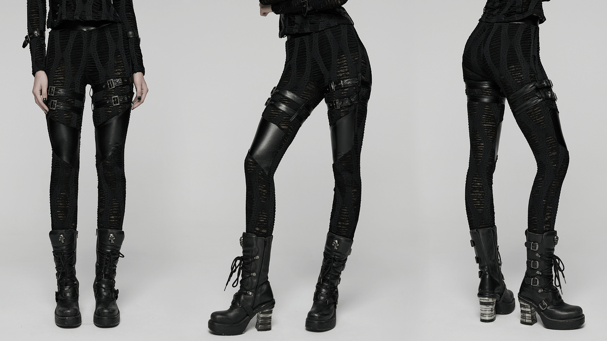 Women's Black Buckled Leggings with Textured Design