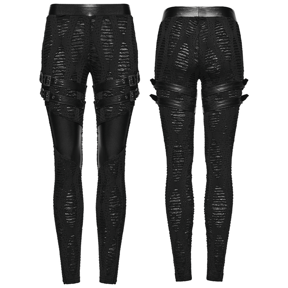 Women's Black Buckled Leggings with Textured Design