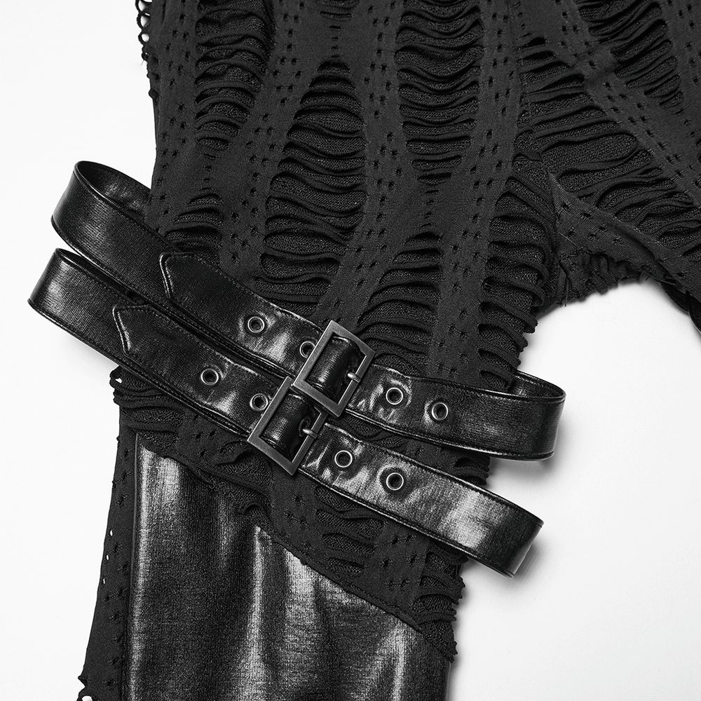 Women's Black Buckled Leggings with Textured Design