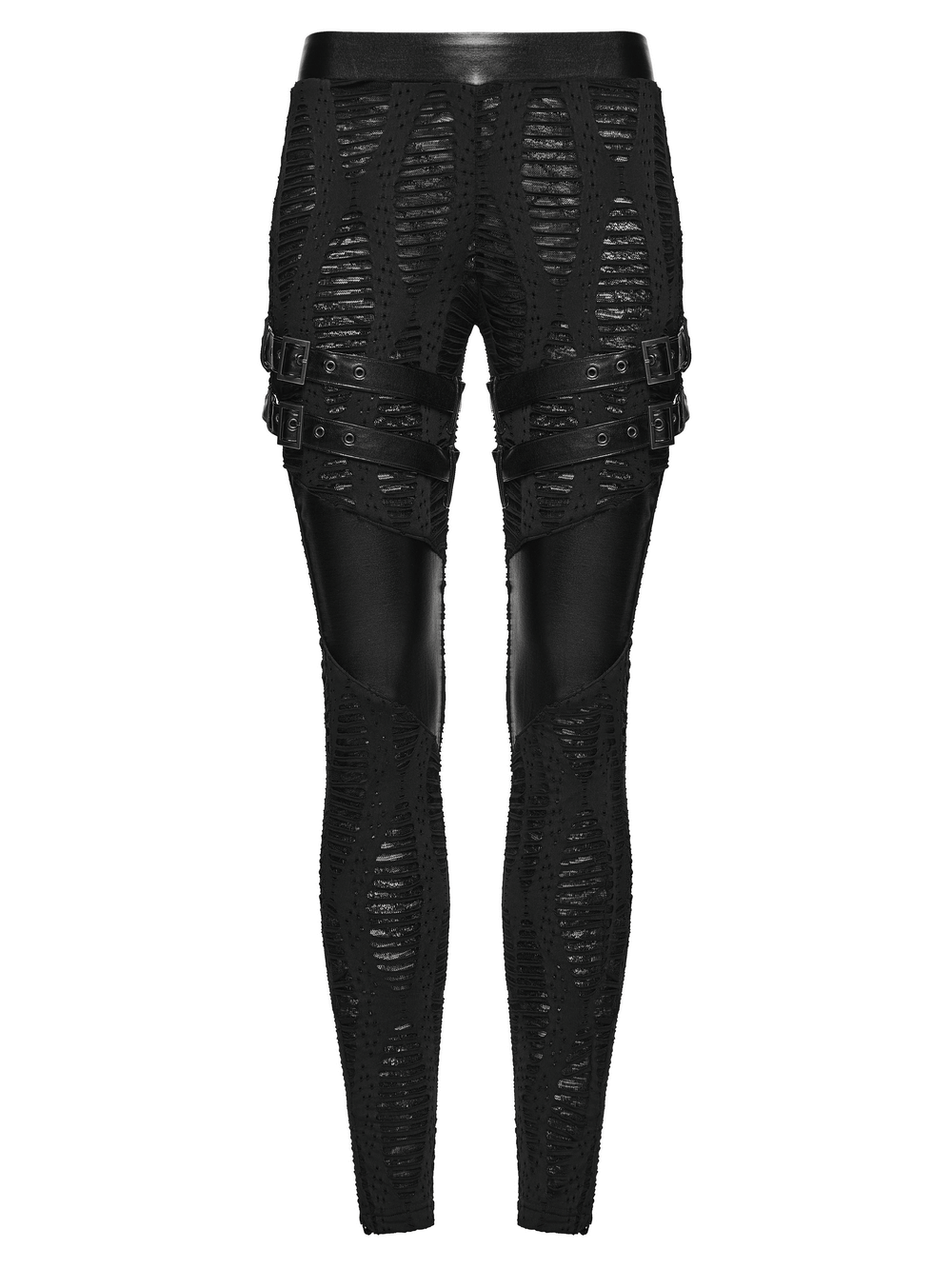 Women's Black Buckled Leggings with Textured Design
