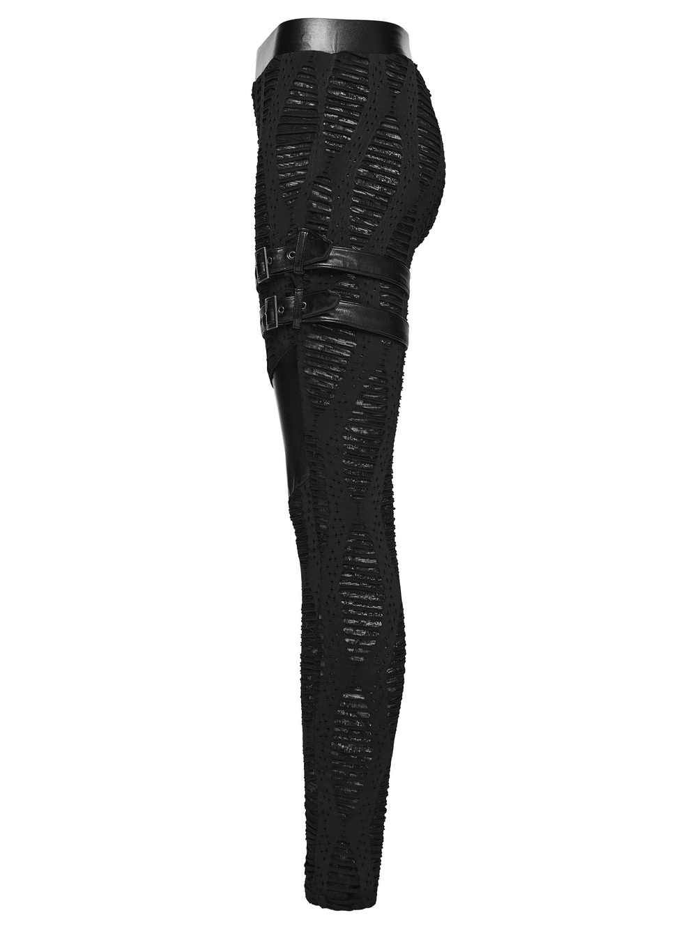 Women's Black Buckled Leggings with Textured Design