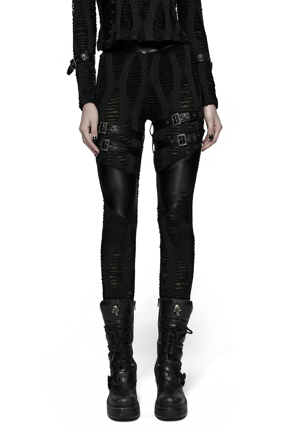 Women's Black Buckled Leggings with Textured Design