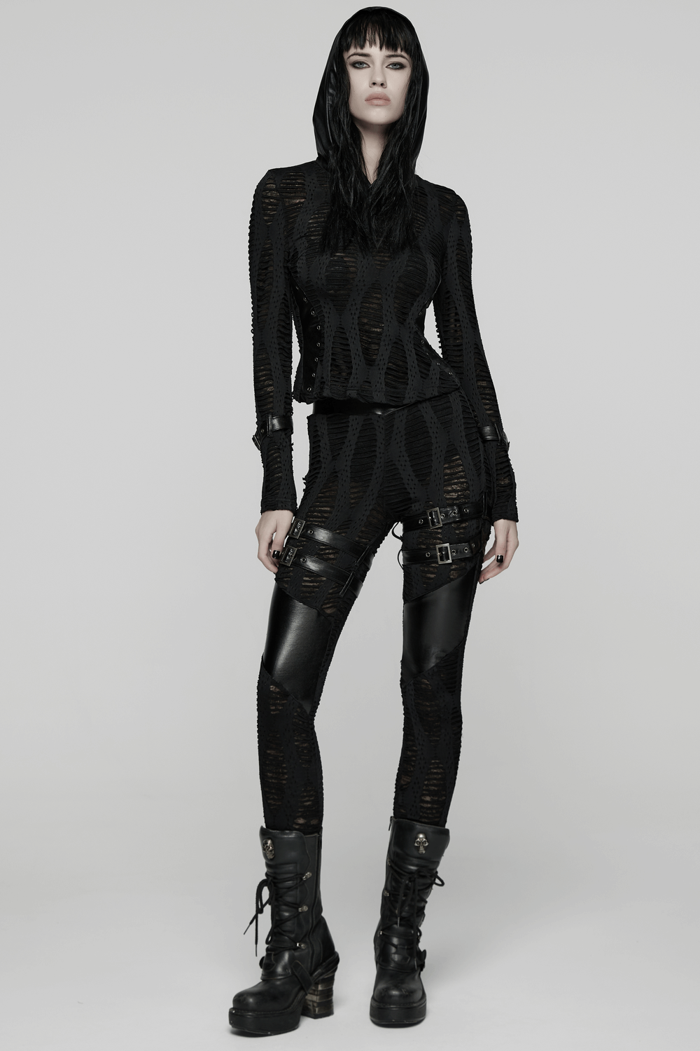 Women's Black Buckled Leggings with Textured Design