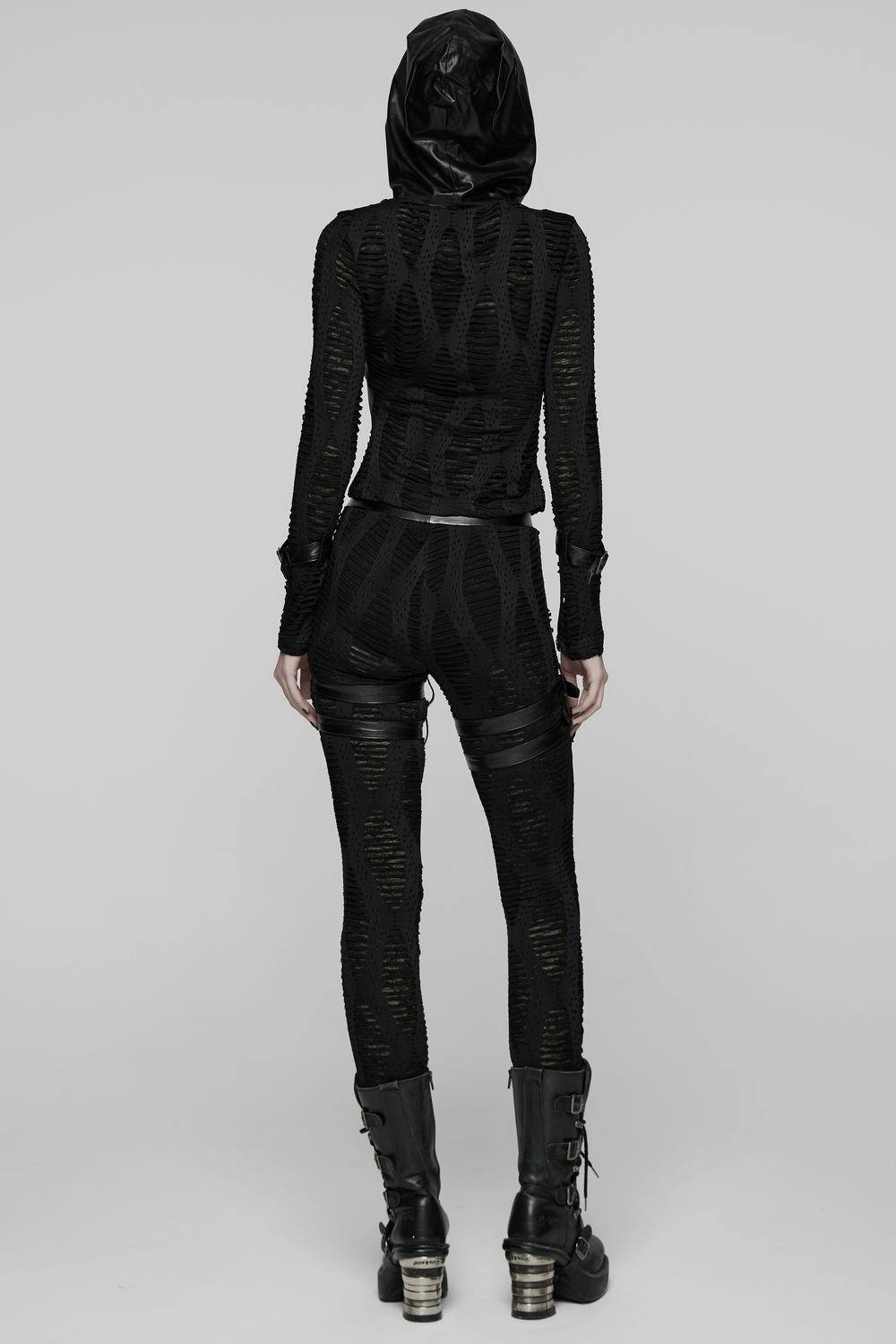 Women's Black Buckled Leggings with Textured Design