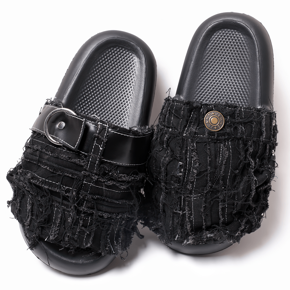 Women's Black Distressed Denim Slides with Side Rivets