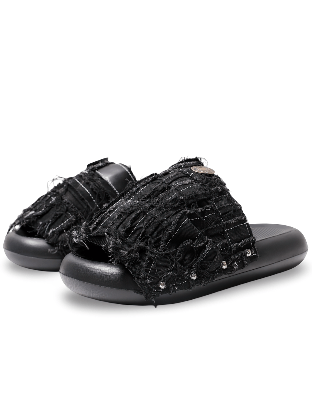 Women's Black Distressed Denim Slides with Side Rivets