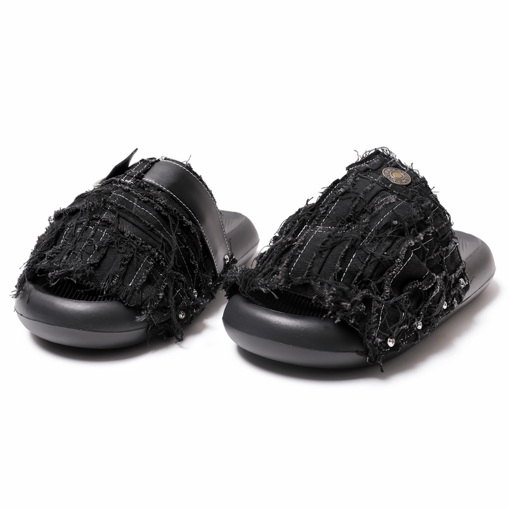 Women's Black Distressed Denim Slides with Side Rivets