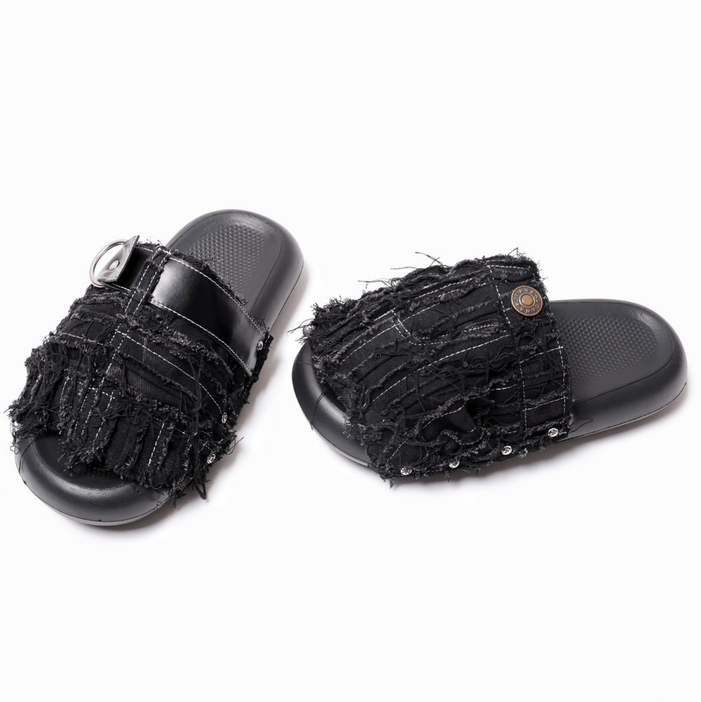 Women's Black Distressed Denim Slides with Side Rivets