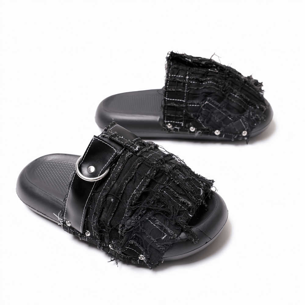 Women's Black Distressed Denim Slides with Side Rivets