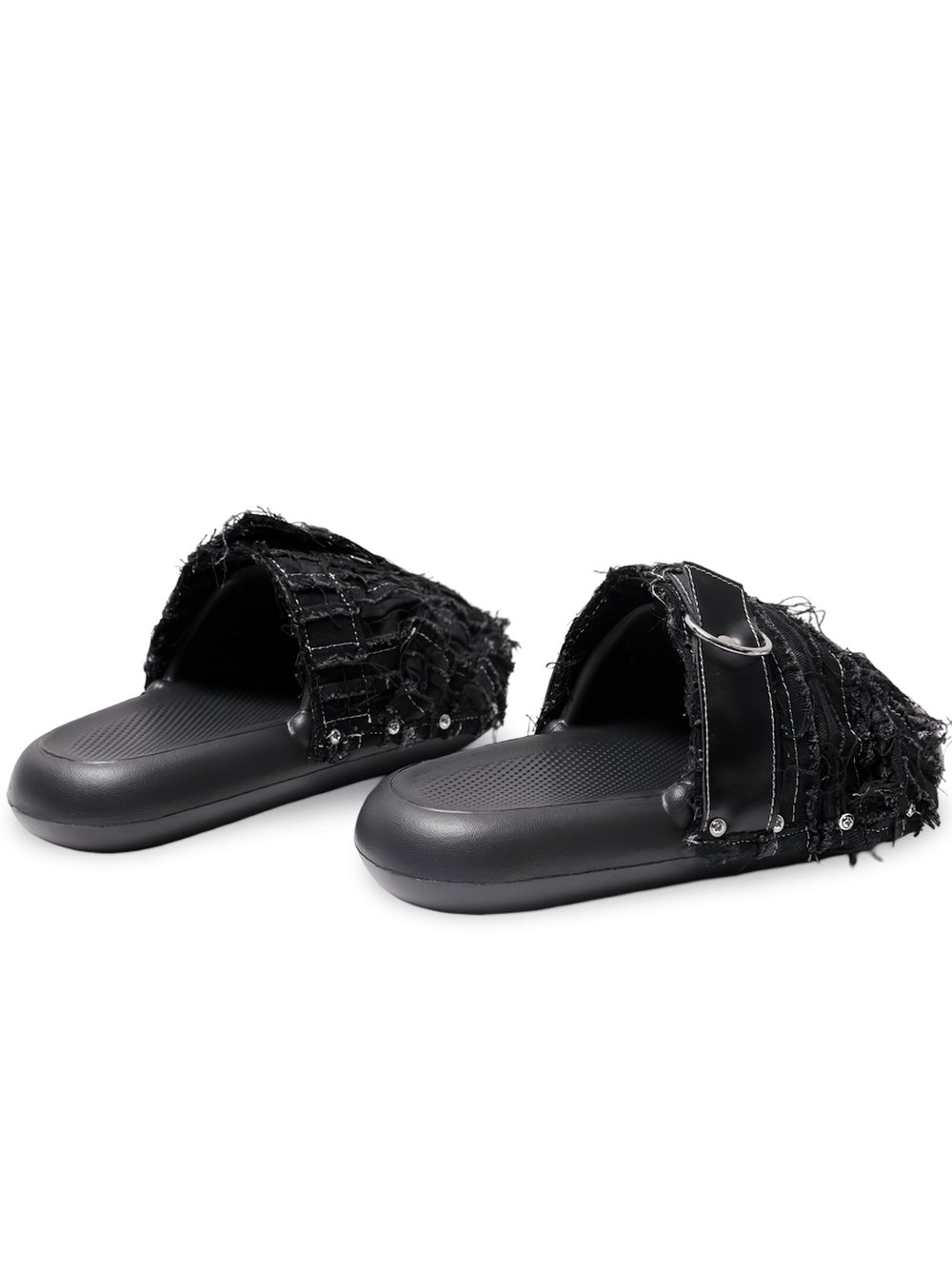 Women's Black Distressed Denim Slides with Side Rivets