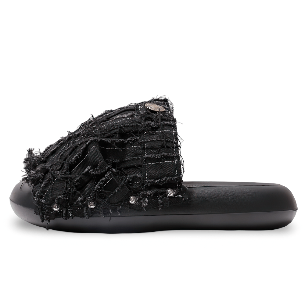 Women's Black Distressed Denim Slides with Side Rivets