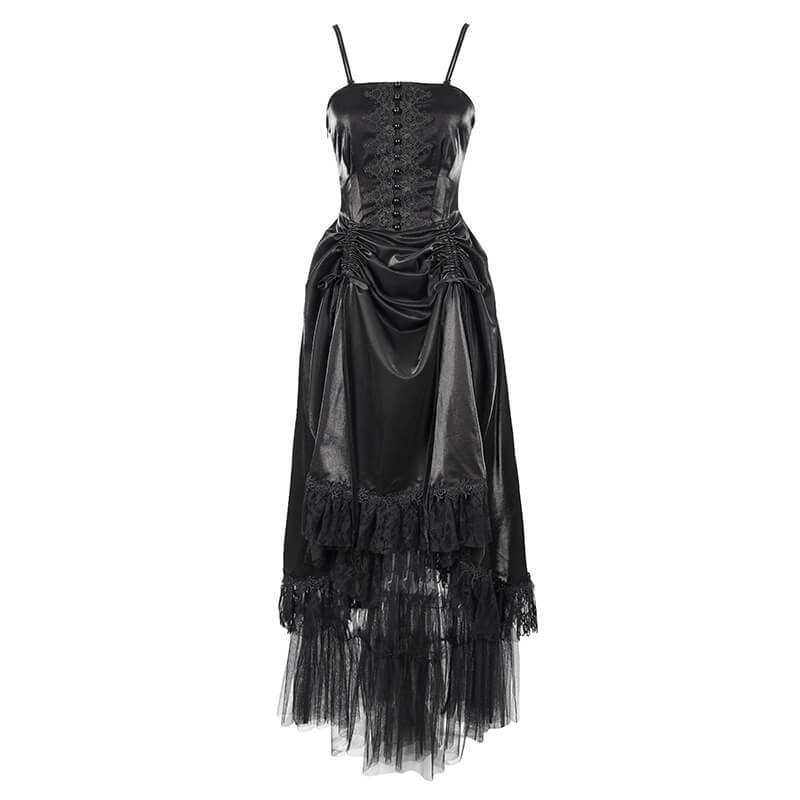 Women's Black Drawstring Lace Splice Slip Dress / Long Dress with Straps in Gothic Style