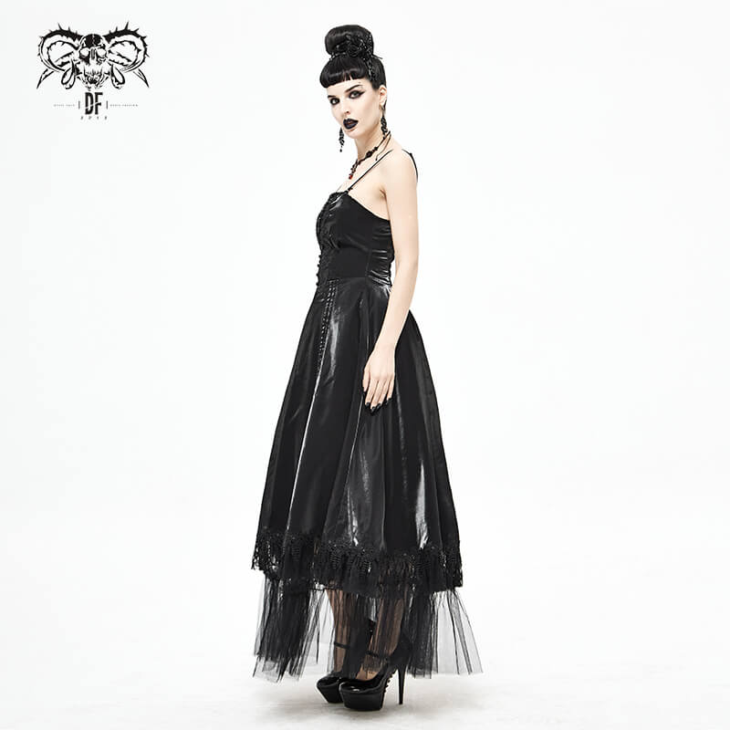 Women's Black Drawstring Lace Splice Slip Dress / Long Dress with Straps in Gothic Style