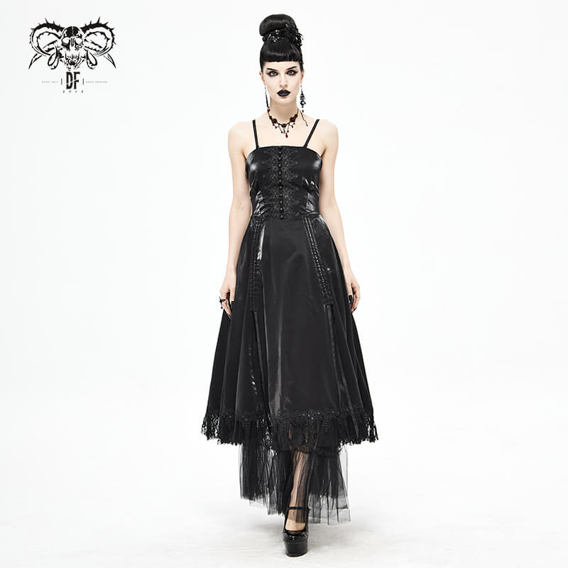 Women's Black Drawstring Lace Splice Slip Dress / Long Dress with Straps in Gothic Style