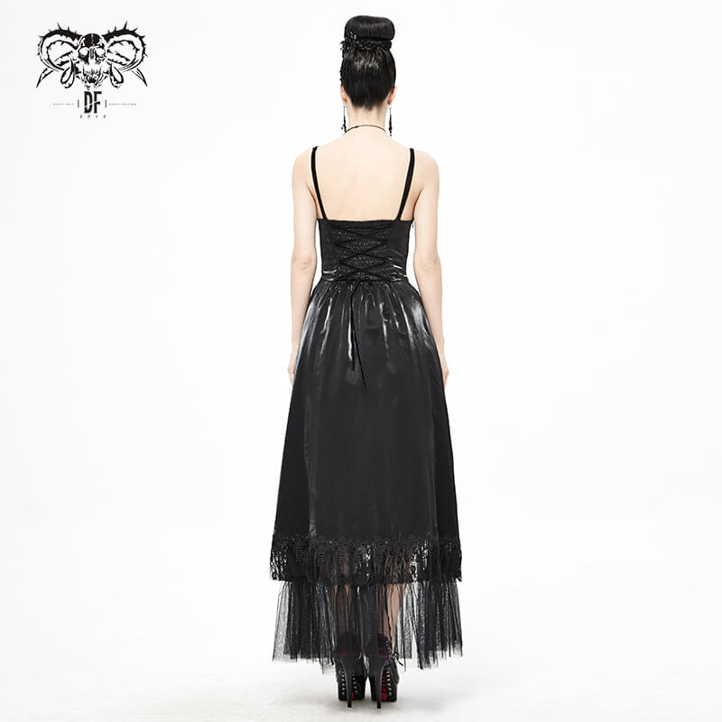 Women's Black Drawstring Lace Splice Slip Dress / Long Dress with Straps in Gothic Style