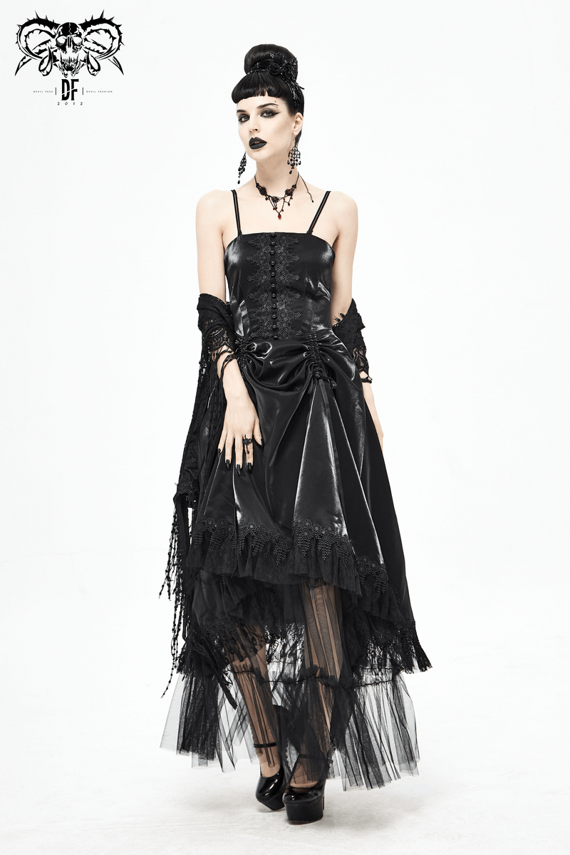 Women's Black Drawstring Lace Splice Slip Dress / Long Dress with Straps in Gothic Style
