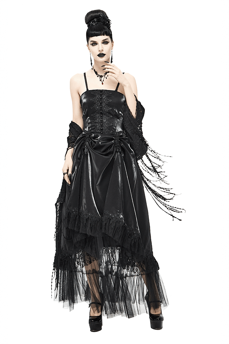 Women's Black Drawstring Lace Splice Slip Dress / Long Dress with Straps in Gothic Style