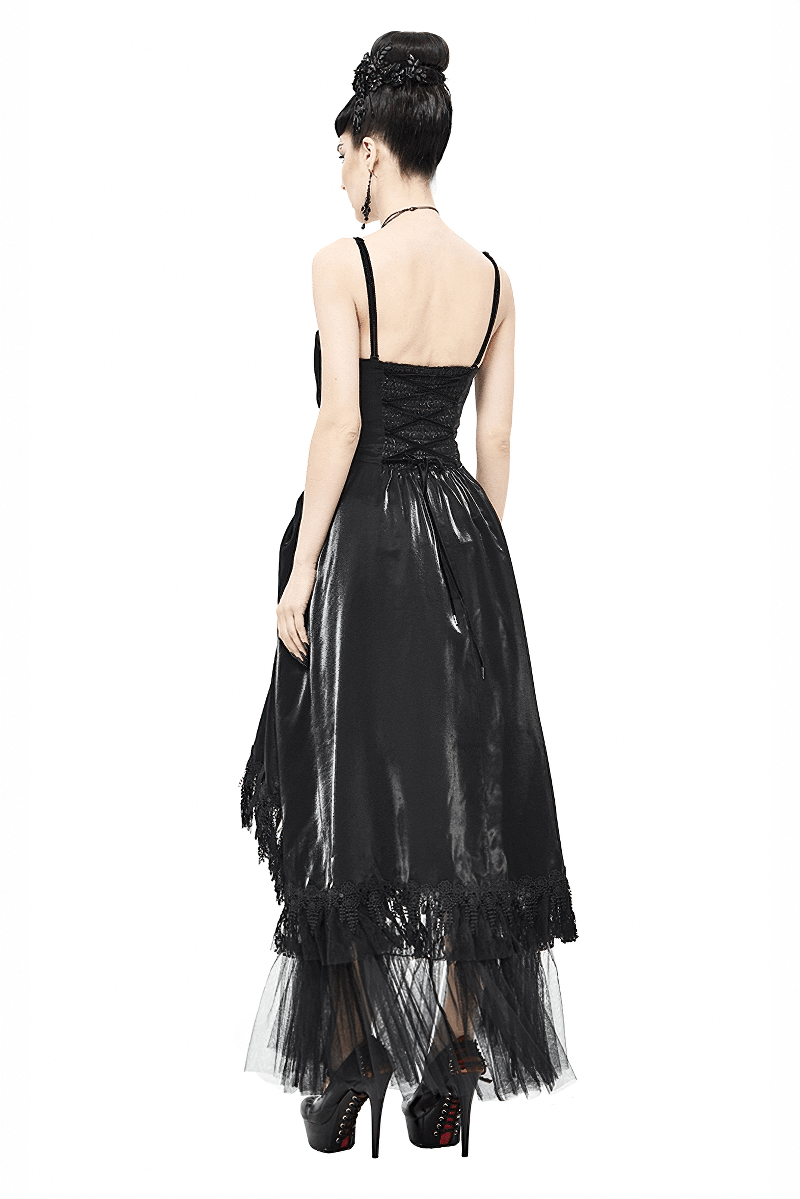 Women's Black Drawstring Lace Splice Slip Dress / Long Dress with Straps in Gothic Style