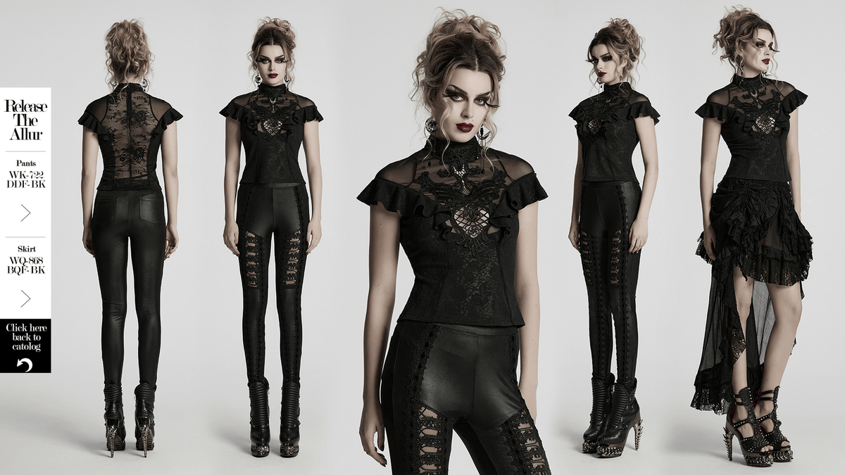 Women's Black Lace Ruffle Top with Embroidered Applique