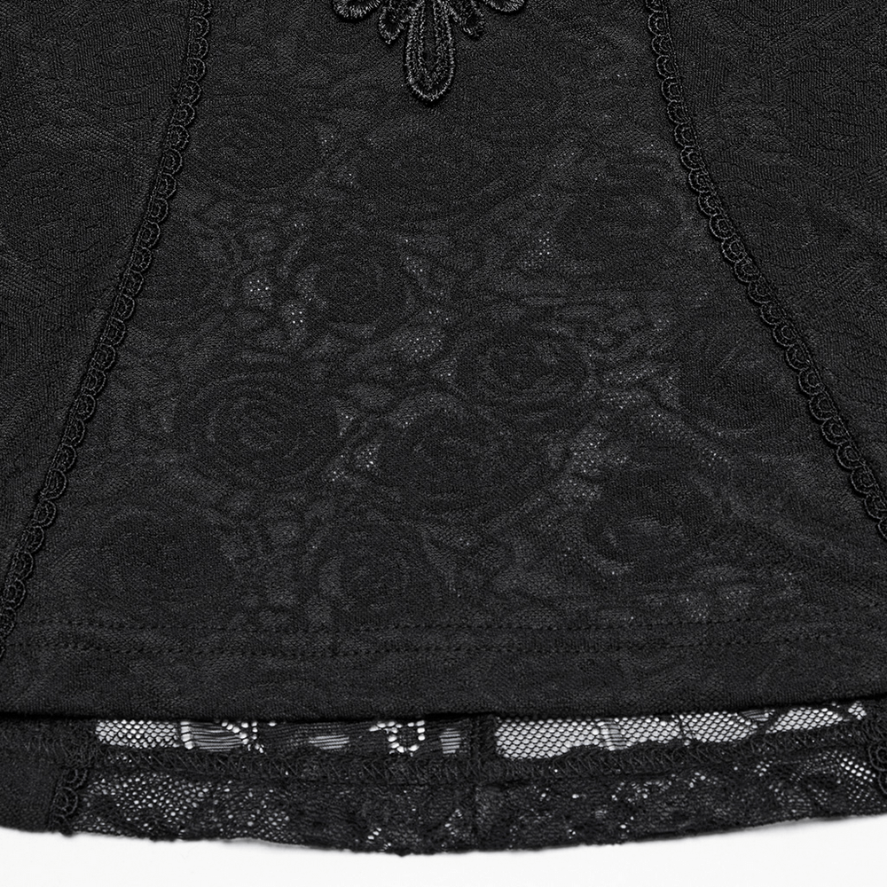 Women's Black Lace Ruffle Top with Embroidered Applique