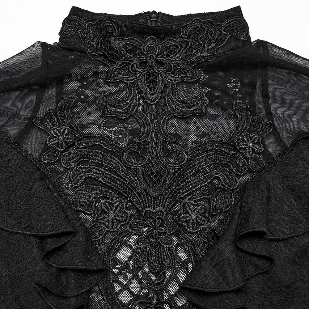 Women's Black Lace Ruffle Top with Embroidered Applique