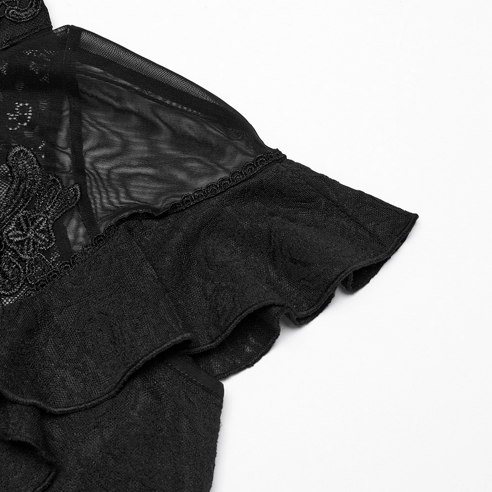 Women's Black Lace Ruffle Top with Embroidered Applique