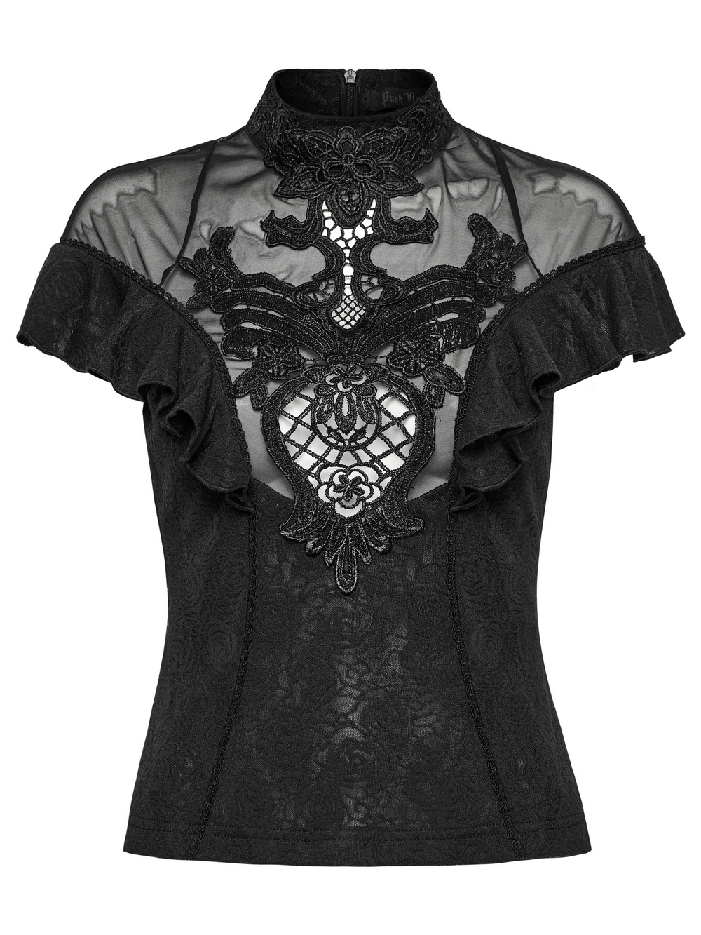 Women's Black Lace Ruffle Top with Embroidered Applique