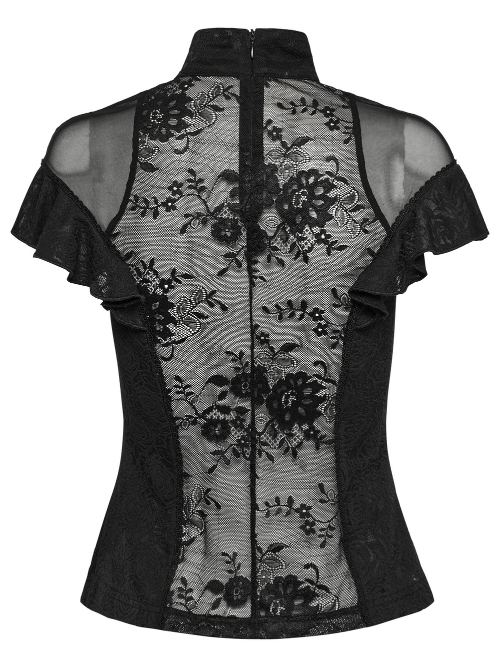 Women's Black Lace Ruffle Top with Embroidered Applique