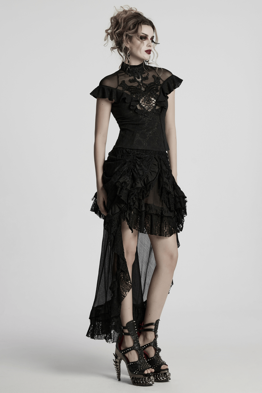 Women's Black Lace Ruffle Top with Embroidered Applique