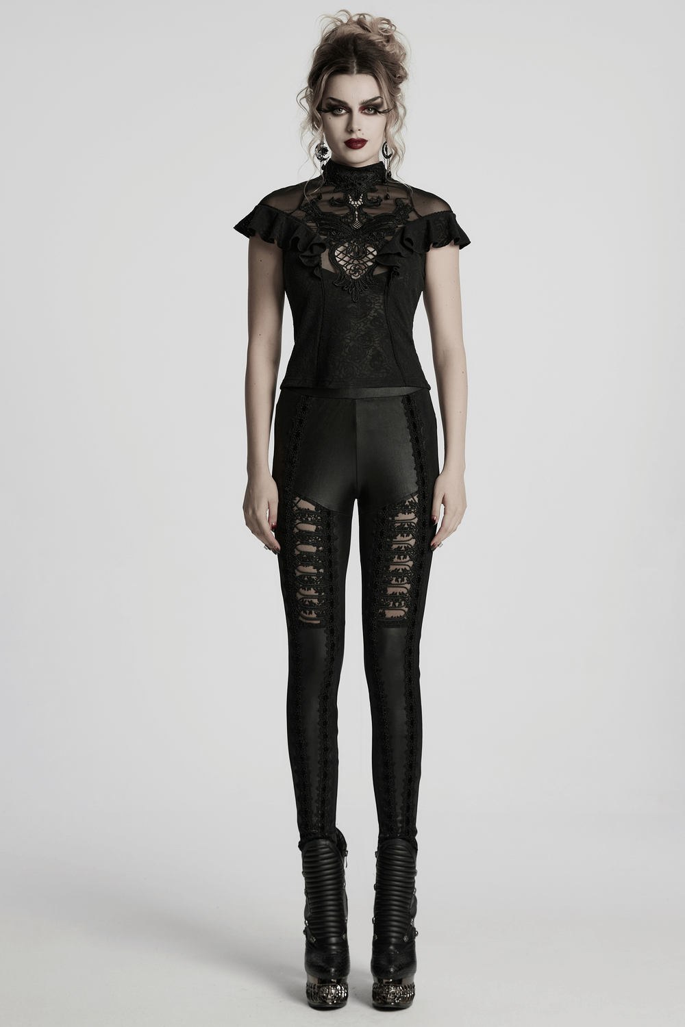 Women's Black Lace Ruffle Top with Embroidered Applique