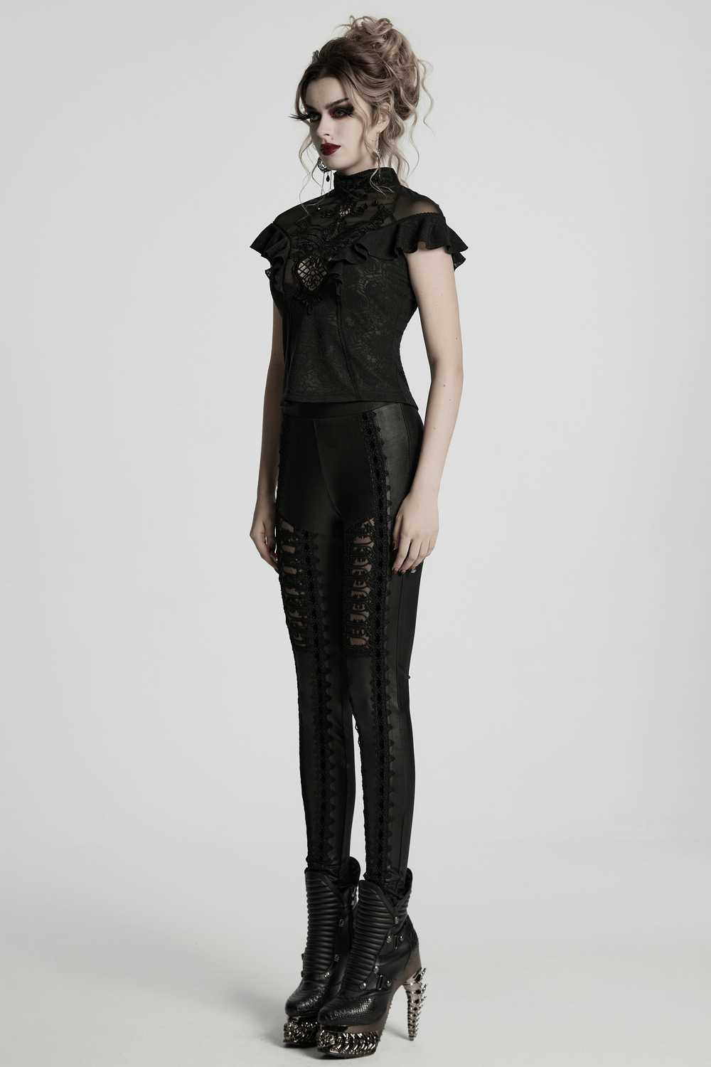 Women's Black Lace Ruffle Top with Embroidered Applique