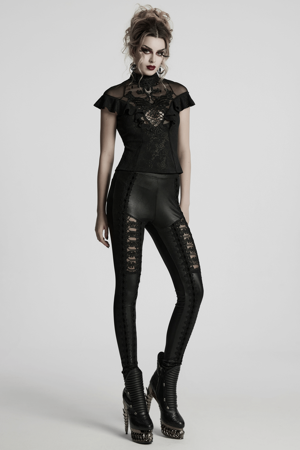 Women's Black Lace Ruffle Top with Embroidered Applique