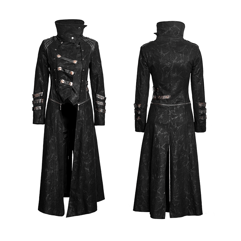 US SALE of Women's Black Leather-Look Long Coat with Stand Collar