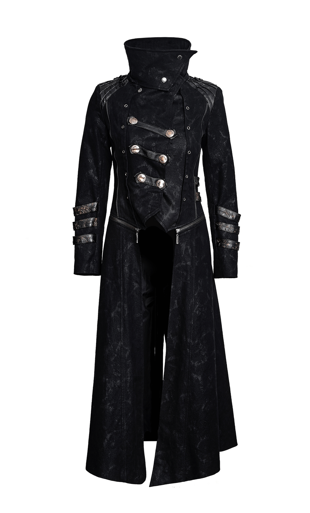 US SALE of Women's Black Leather-Look Long Coat with Stand Collar