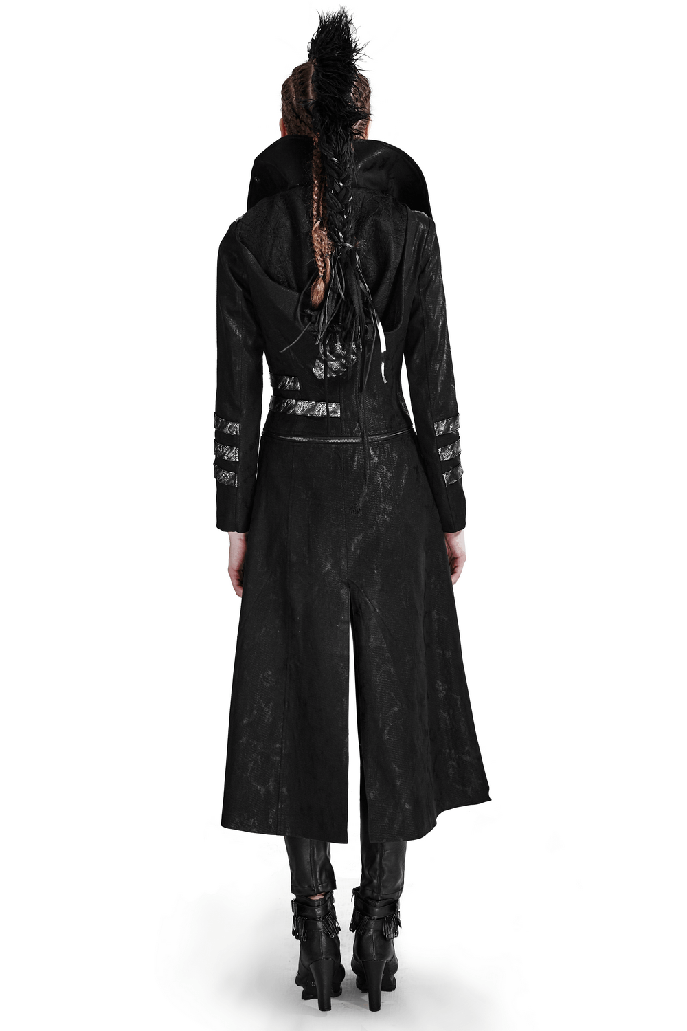 US SALE of Women's Black Leather-Look Long Coat with Stand Collar