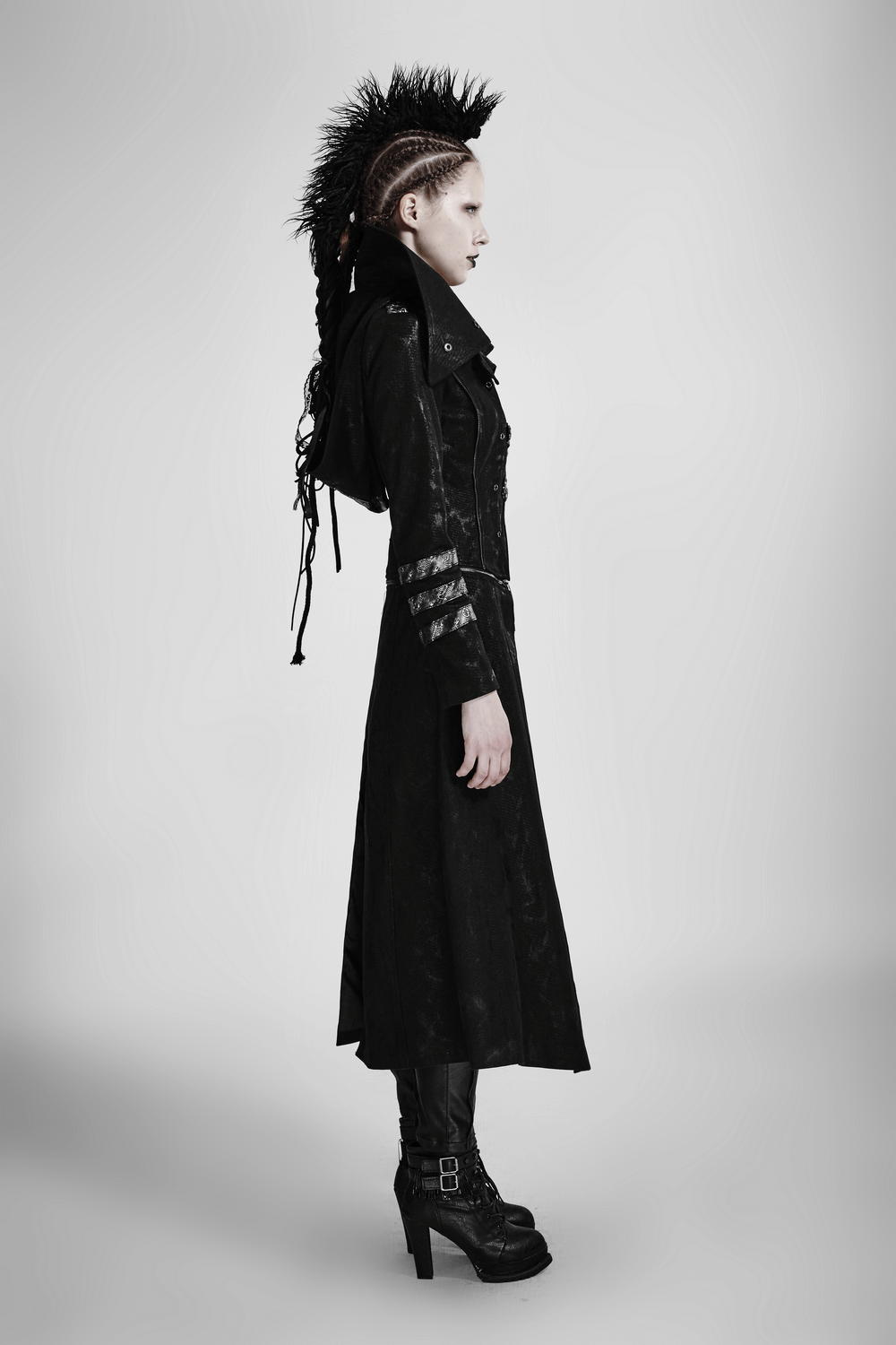 US SALE of Women's Black Leather-Look Long Coat with Stand Collar