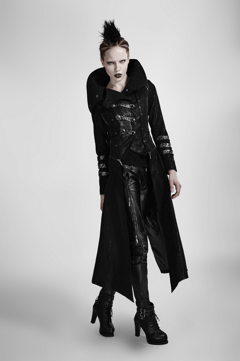 US SALE of Women's Black Leather-Look Long Coat with Stand Collar