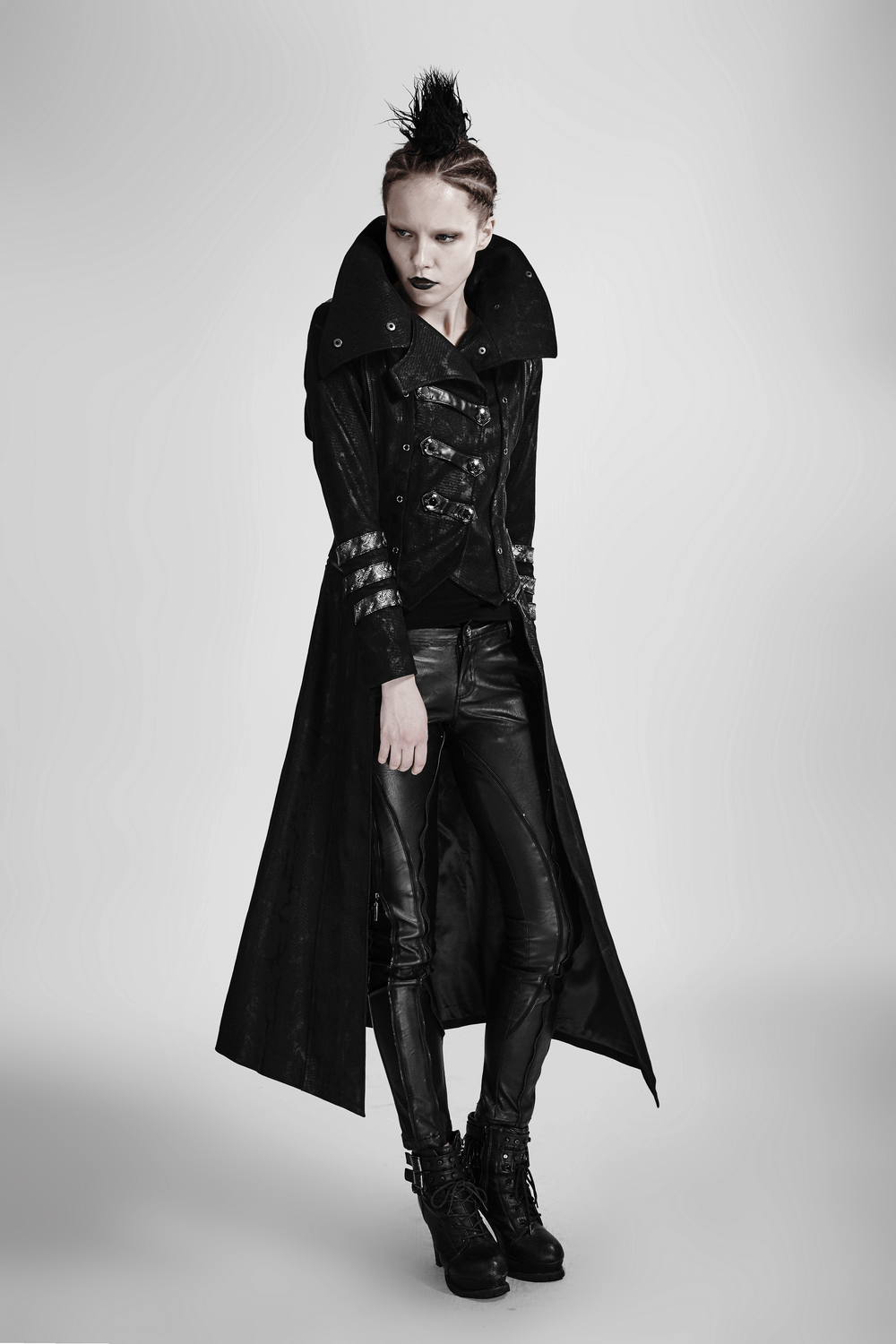 US SALE of Women's Black Leather-Look Long Coat with Stand Collar