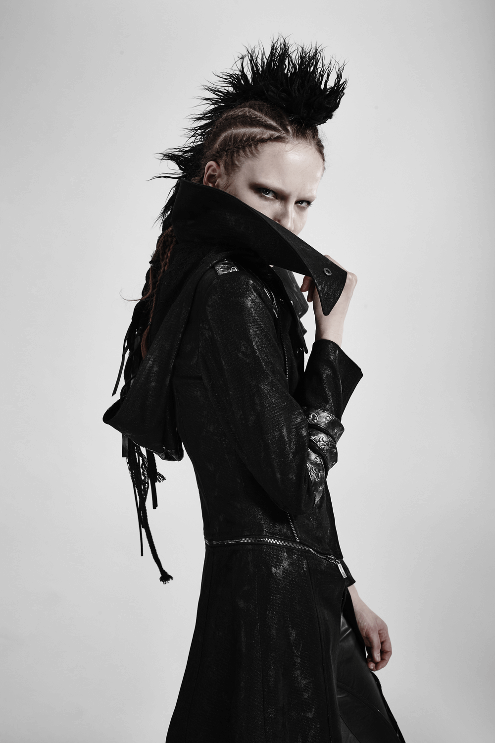 US SALE of Women's Black Leather-Look Long Coat with Stand Collar