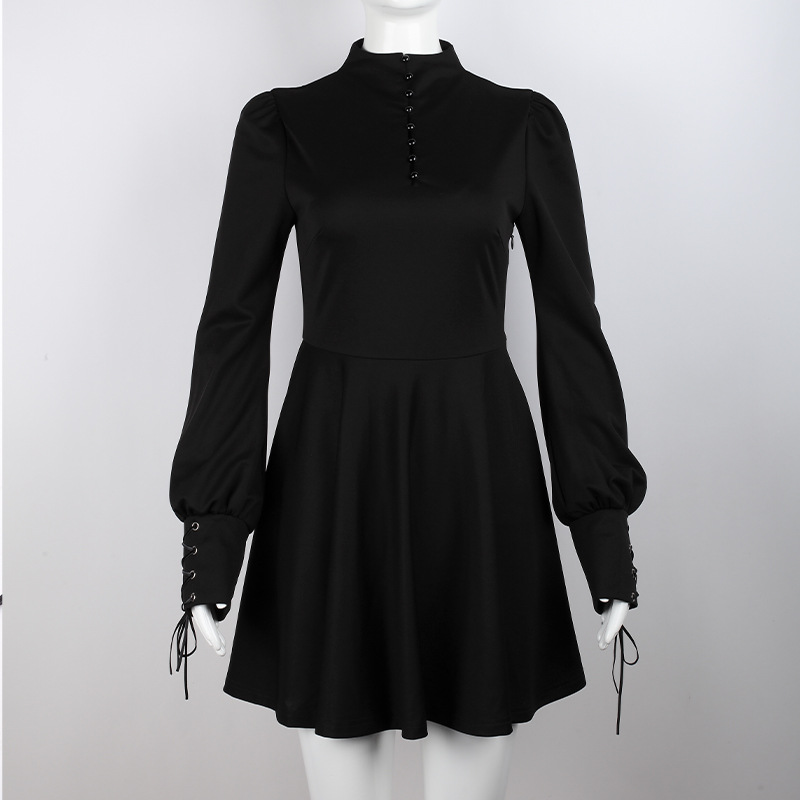 Women's Black Pleated Dress in Gothic Style / Lolita Style Long Sleeve Buttons Dress