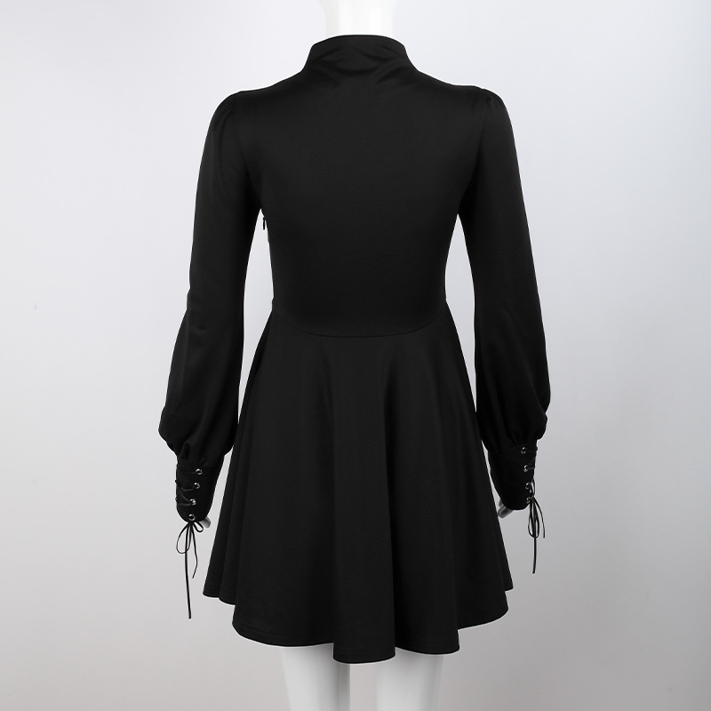 Women's Black Pleated Dress in Gothic Style / Lolita Style Long Sleeve Buttons Dress