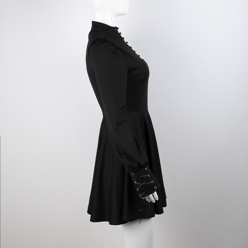 Women's Black Pleated Dress in Gothic Style / Lolita Style Long Sleeve Buttons Dress