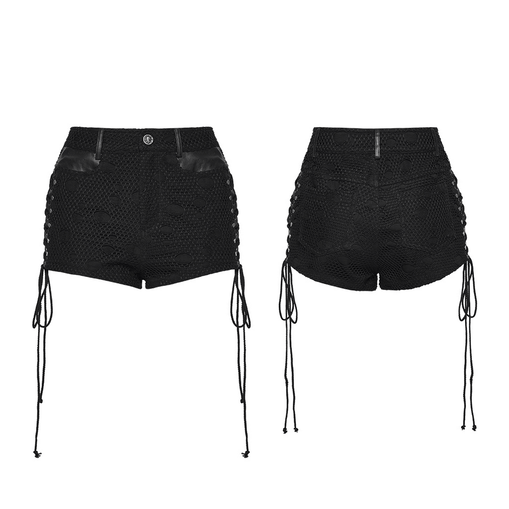 Women's Black Punk Mesh Lace-Up Distressed Hot Shorts