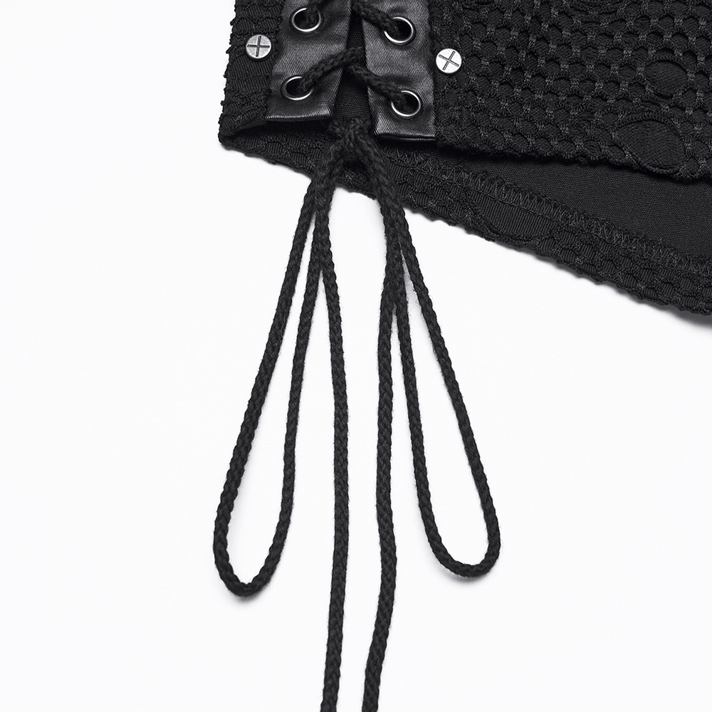 Women's Black Punk Mesh Lace-Up Distressed Hot Shorts