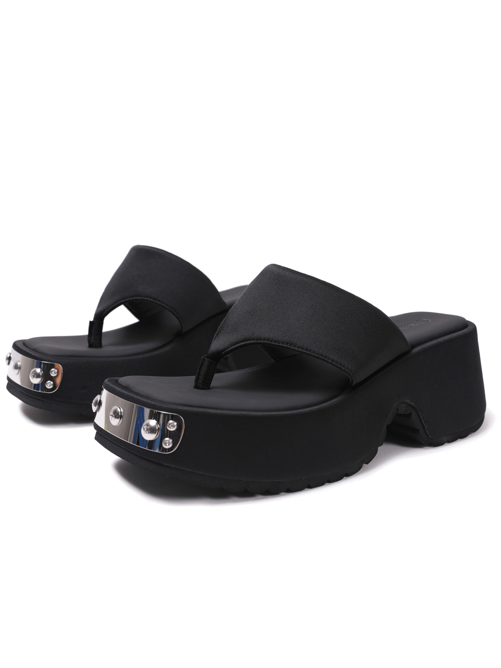 Women's Black Thong Sandals with Metal Toe Accents