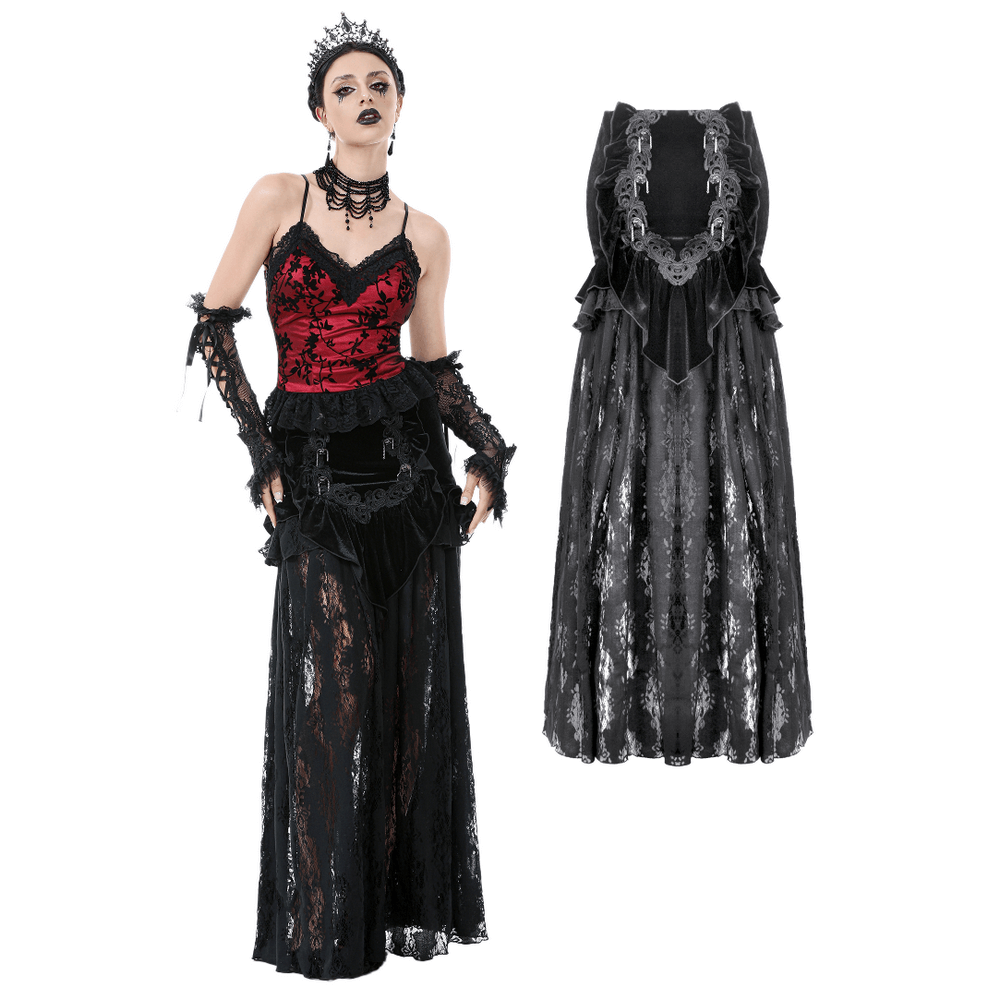 Women's Black Velvet and Lace Maxi Skirt with Corset Back