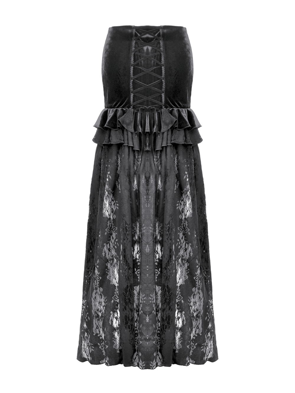 Women's Black Velvet and Lace Maxi Skirt with Corset Back